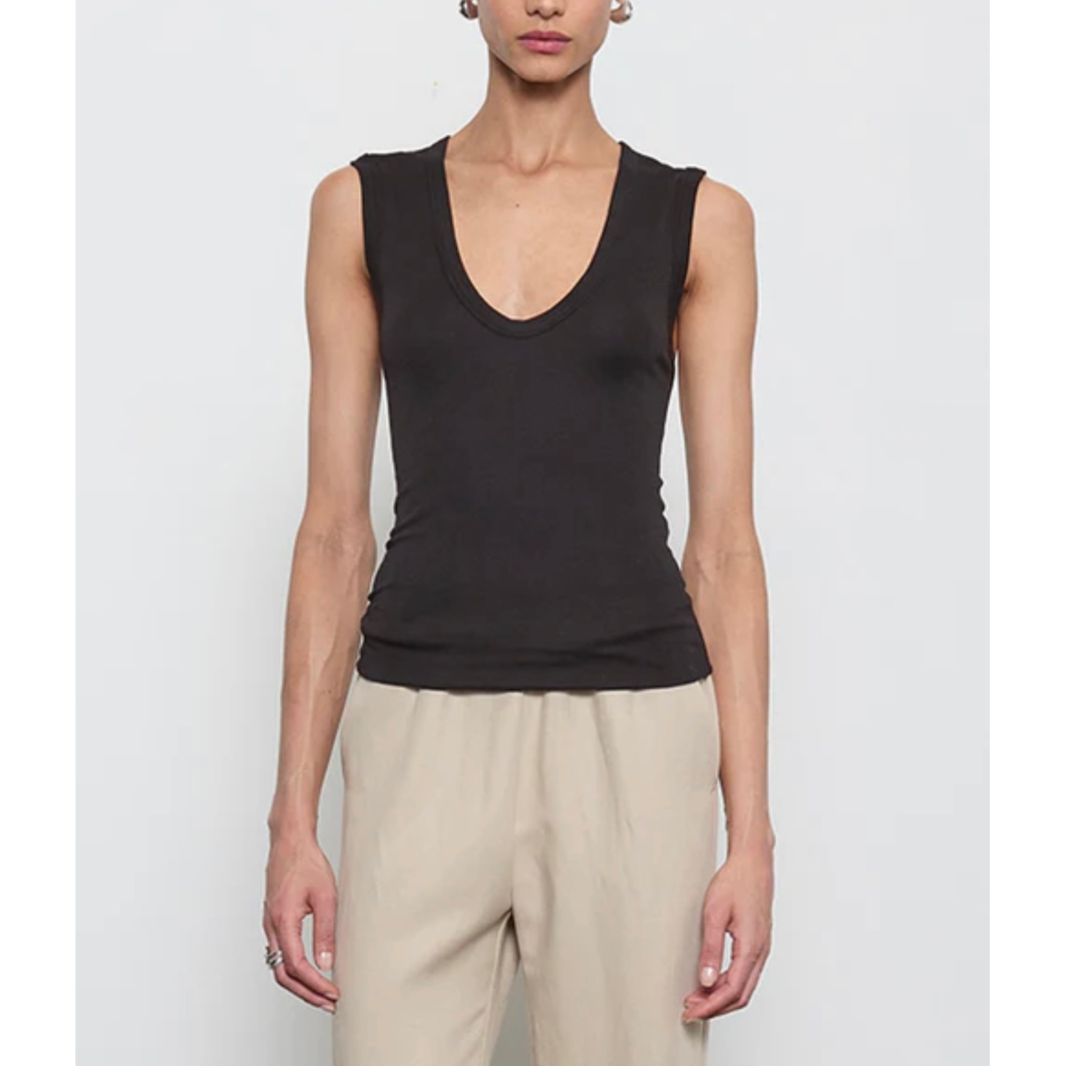 Enza Costa Essential Sleeveless U Tank Top Women Small Black Pima Cotton